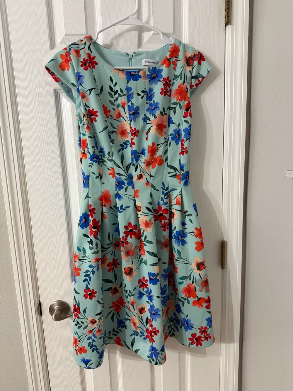Calvin Klein Aqua Floral Fit-and-Flare Dress with Red and Blue Flowers